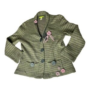 Sigrid Olsen  Wool Blend Cardigan Sweater Jacket VTG Green Pink Boho Whimsical